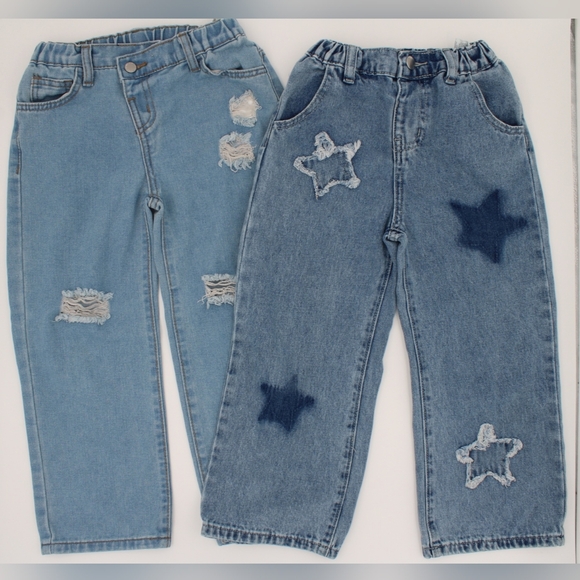 SHEIN Other - 2 Pair Girls Size 7Y Shein Wide Leg Blue Jeans – Distressed & Star Print